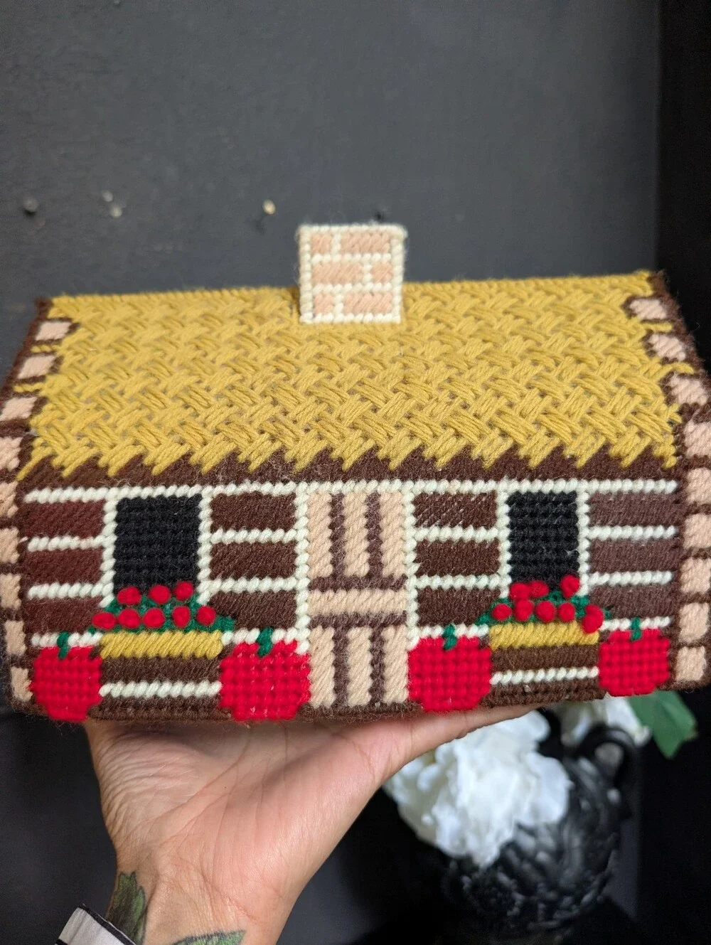 Adorable! Handmade Yarn Log Cabin Style Tissue Topper, 10